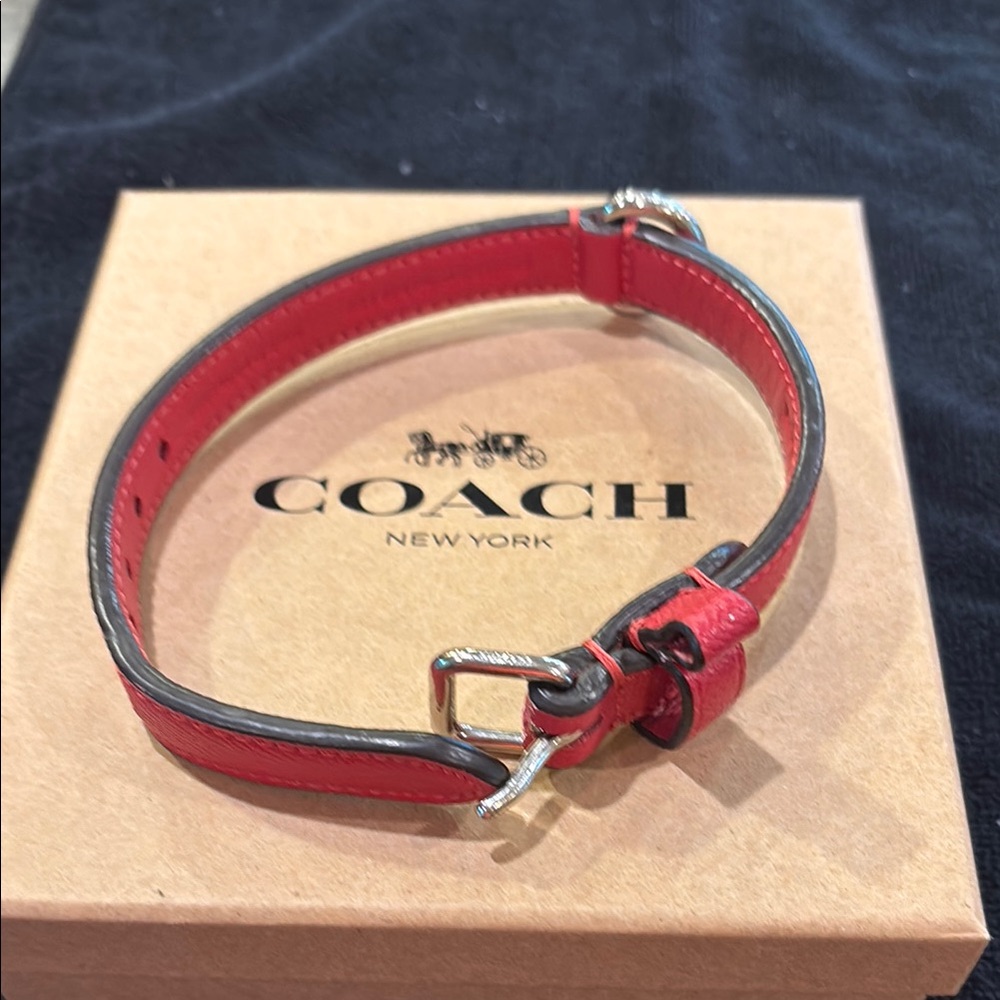 Coach Red Leather Dog Collar with Silver Hardware